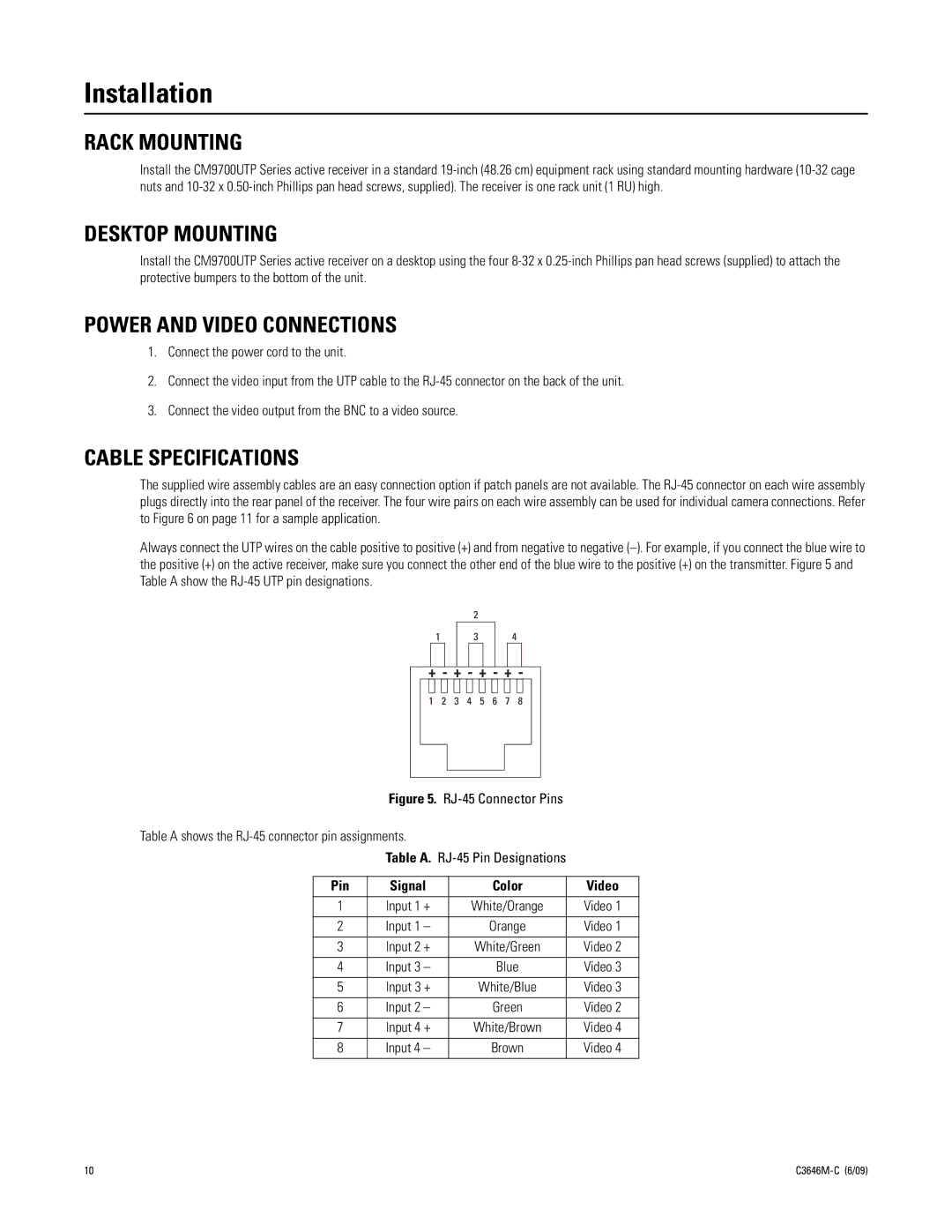 Pelco CM9700UTP32A manual Installation, Rack Mounting, Desktop Mounting, Power and Video Connections, Cable Specifications 