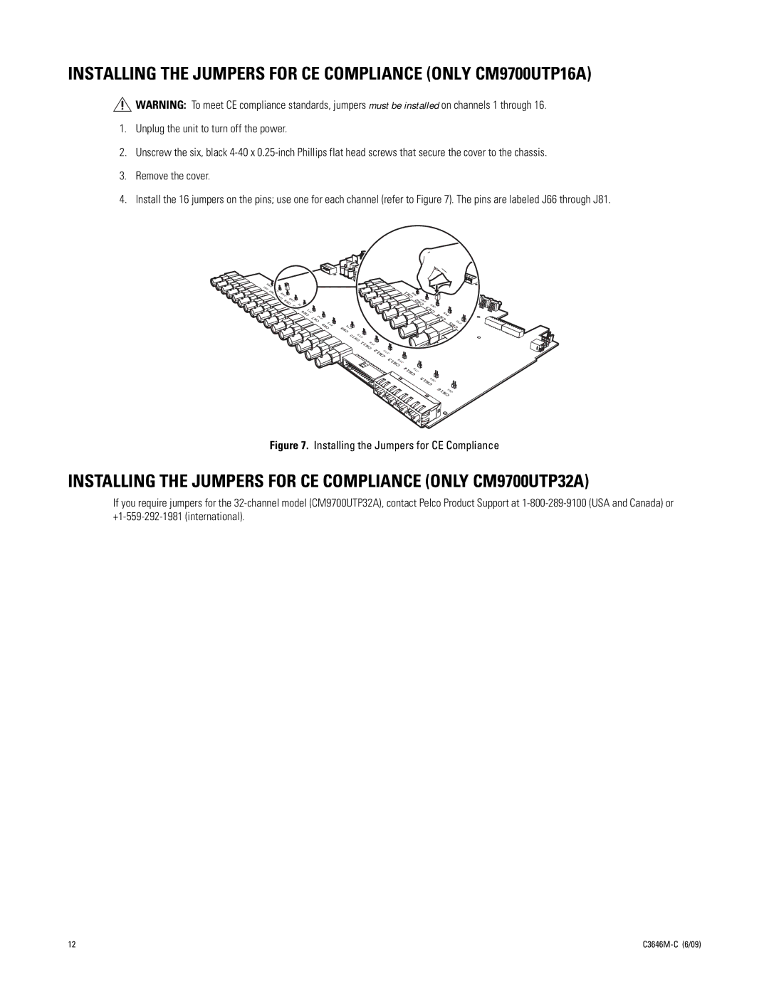 Pelco CM9700UTP32A manual Installing the Jumpers for CE Compliance only CM9700UTP16A 