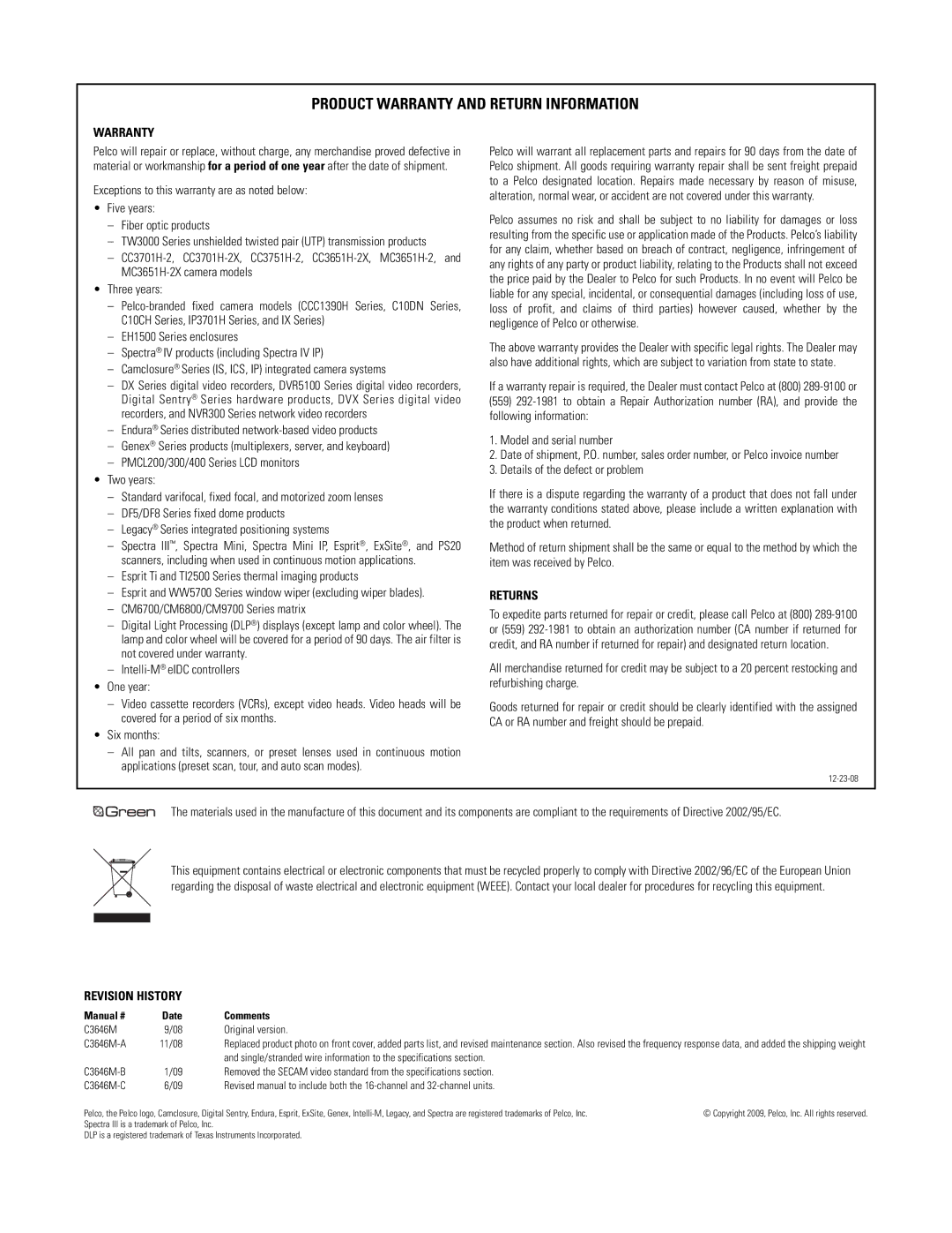 Pelco CM9700UTP32A manual Product Warranty and Return Information 