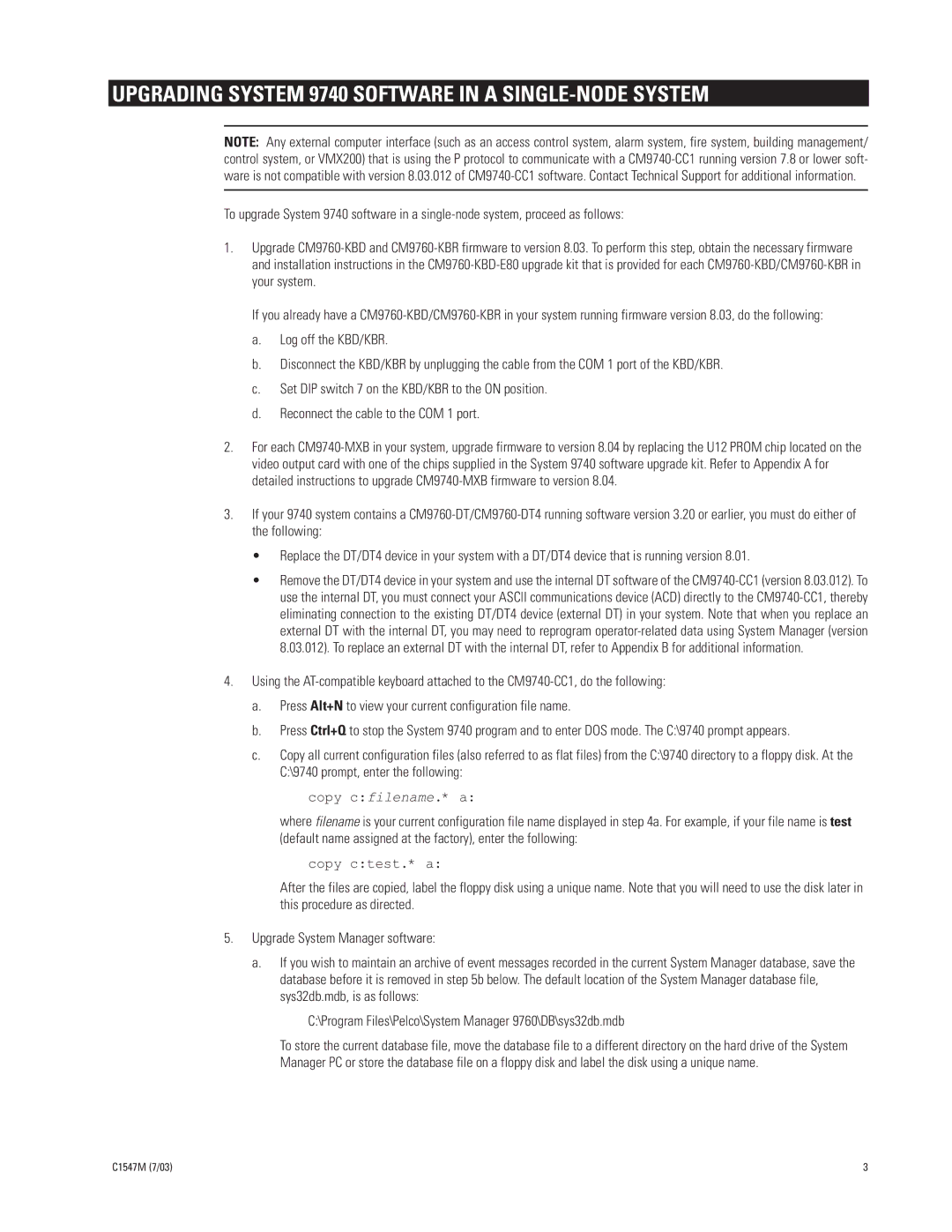 Pelco CM9740-UPG-8312 Upgrading System 9740 Software in a SINGLE-NODE System, Copy cfilename.* a, Copy ctest.* a 