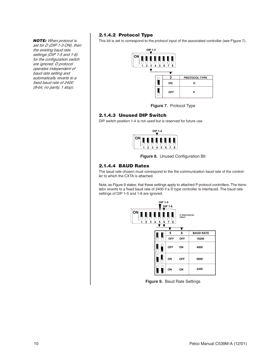 Pelco CM9760-CXTA operation manual Protocol Type, Unused DIP Switch, Baud Rates 