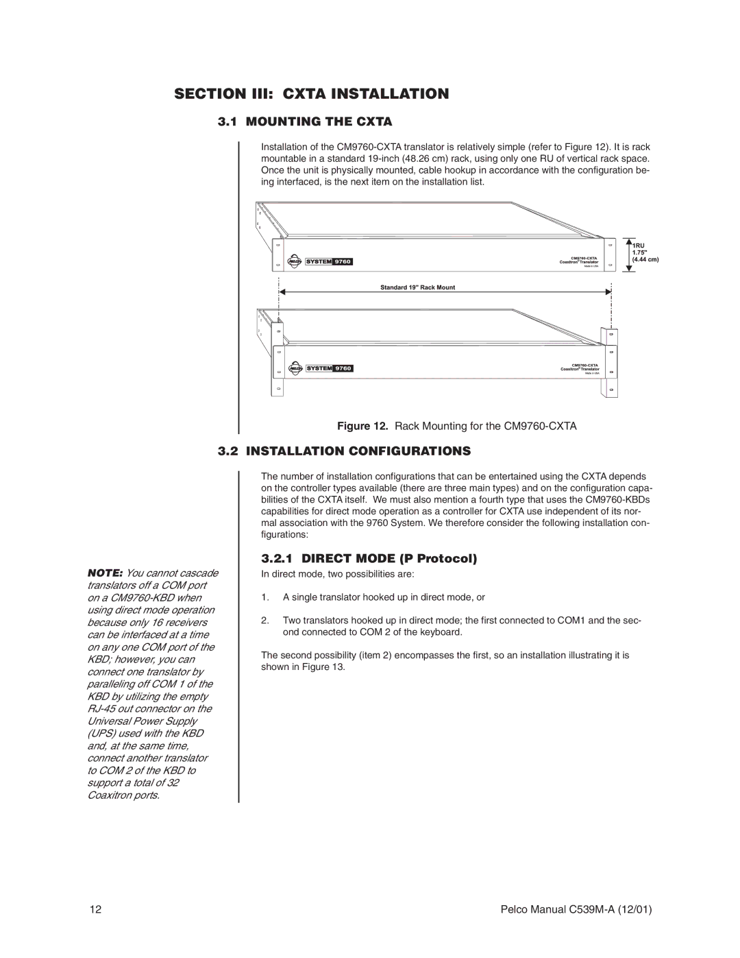 Pelco CM9760-CXTA Section III Cxta Installation, Mounting the Cxta, Installation Configurations, Direct Mode P Protocol 