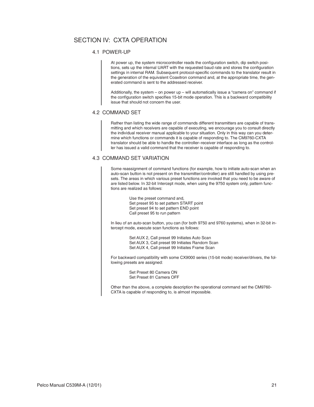 Pelco CM9760-CXTA operation manual Section IV Cxta Operation, Power-Up, Command SET Variation 