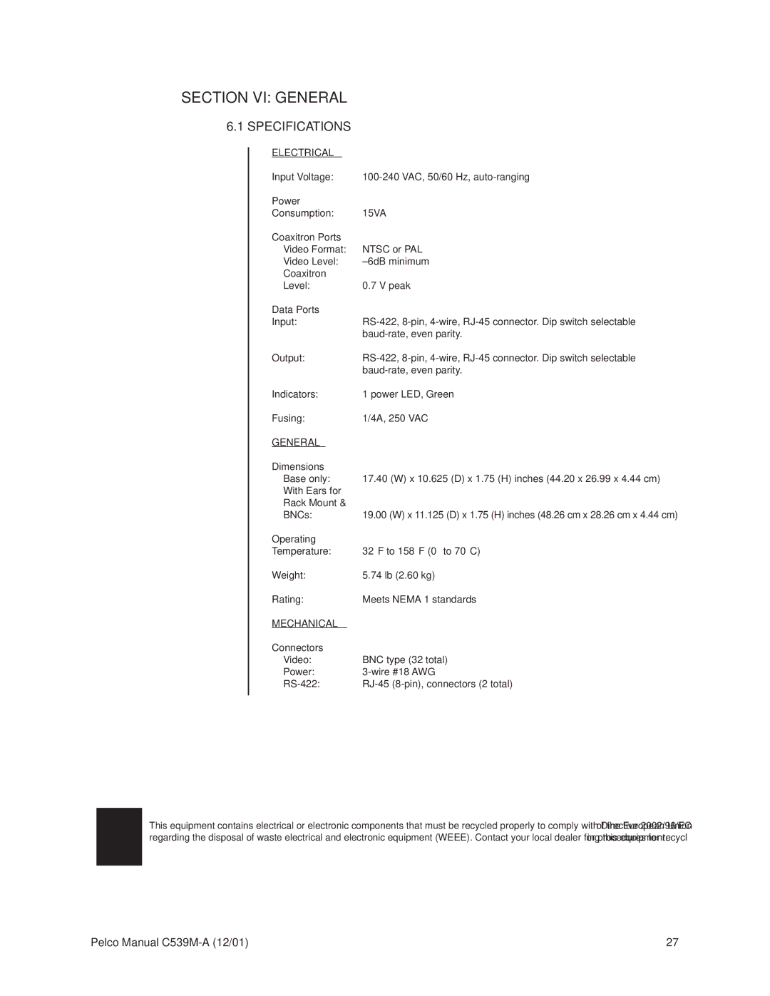 Pelco CM9760-CXTA operation manual Section VI General, Specifications 