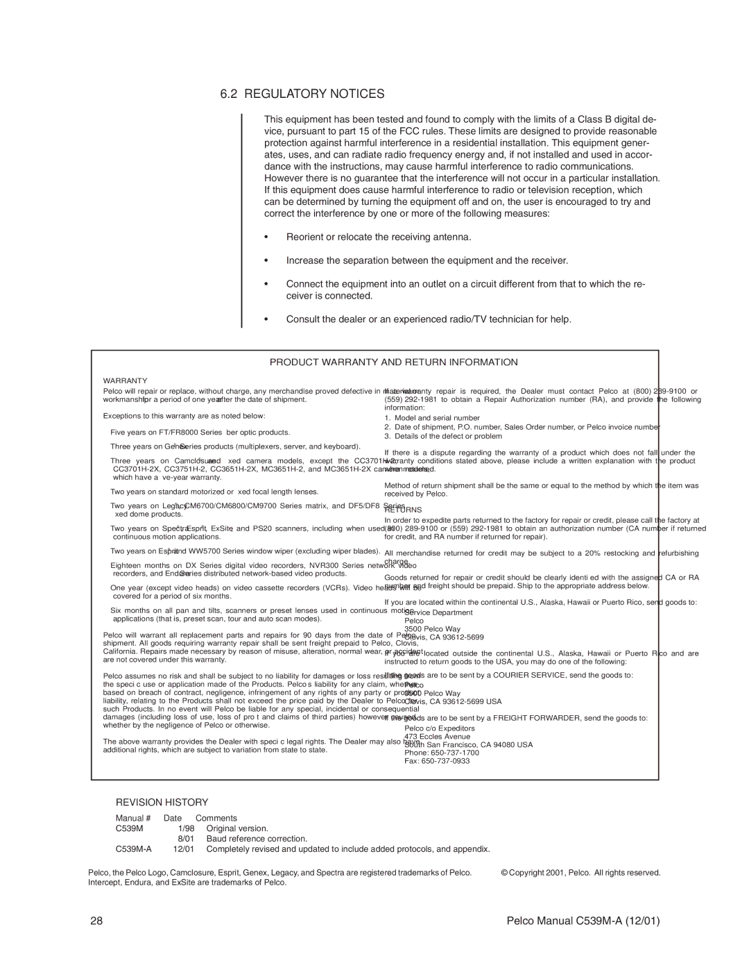 Pelco CM9760-CXTA operation manual Regulatory Notices, Product Warranty and Return Information 