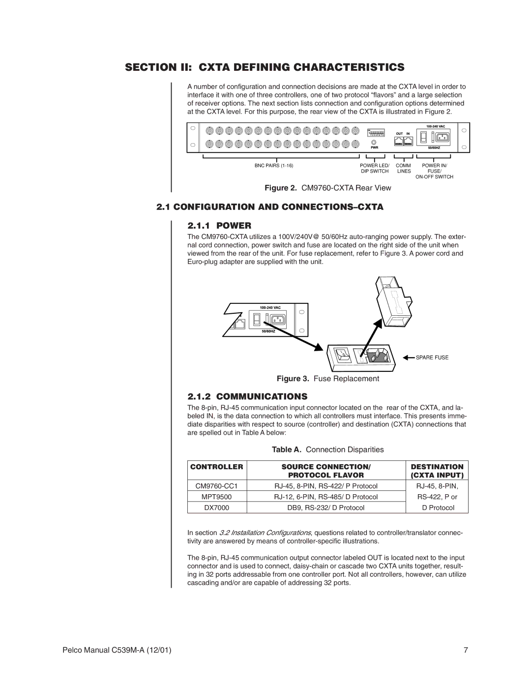 Pelco CM9760-CXTA Section II Cxta Defining Characteristics, Configuration and CONNECTIONS-CXTA, Power, Communications 