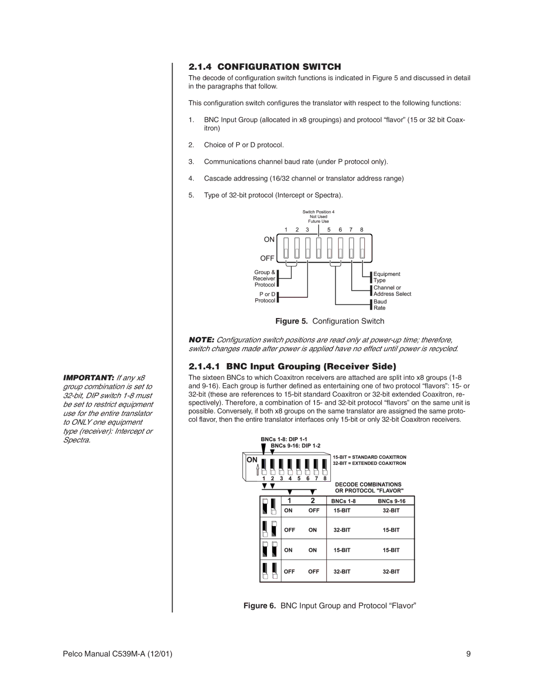 Pelco CM9760-CXTA operation manual Configuration Switch, BNC Input Grouping Receiver Side 