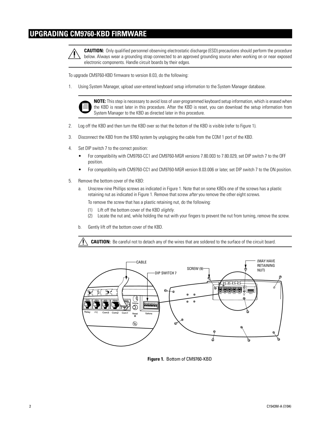 Pelco CM9760-KBD-E80 installation manual Upgrading CM9760-KBD Firmware, Remove the bottom cover of the KBD 