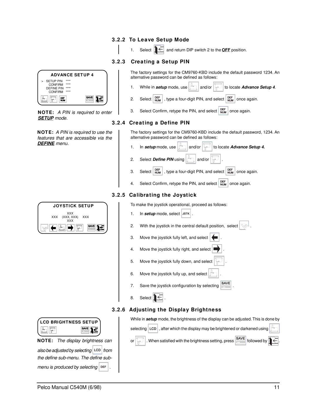 Pelco C540M (6/98), CM9760-KBR To Leave Setup Mode, Creating a Setup PIN, Creating a Define PIN, Calibrating the Joystick 