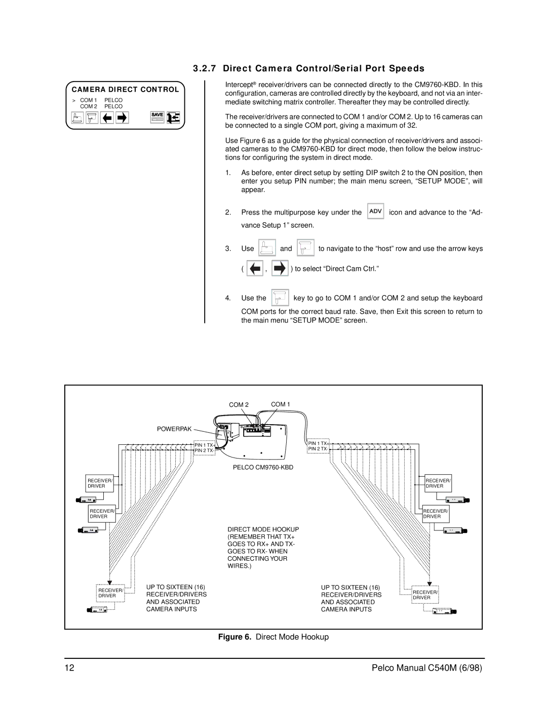 Pelco CM9760-KBR, C540M (6/98) operation manual Direct Camera Control/Serial Port Speeds, Camera Direct Control 