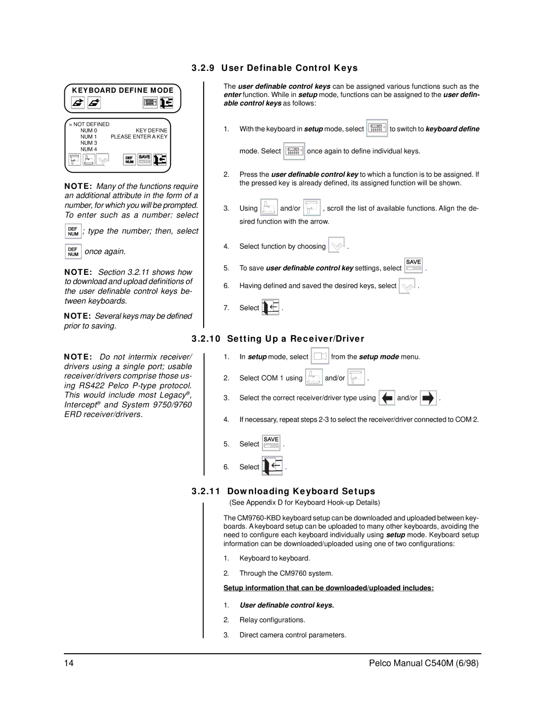 Pelco CM9760-KBR, C540M (6/98) Setting Up a Receiver/Driver, Downloading Keyboard Setups, Keyboard Define Mode 