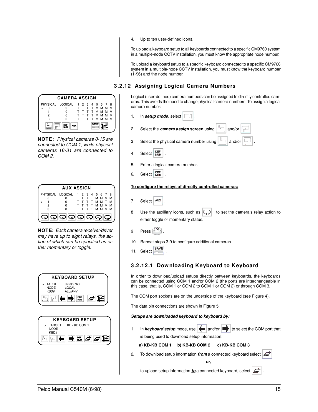 Pelco C540M (6/98), CM9760-KBR operation manual Assigning Logical Camera Numbers, Downloading Keyboard to Keyboard 