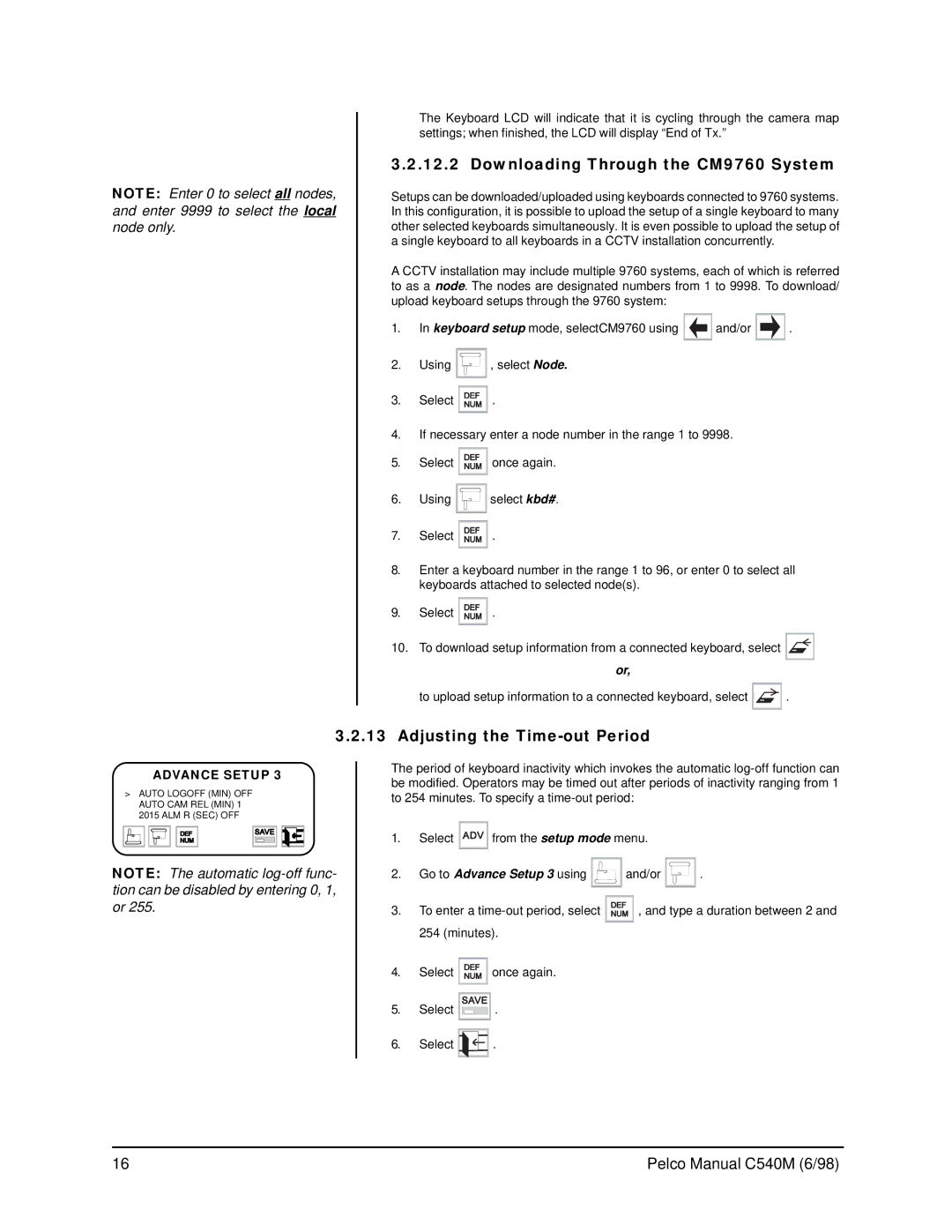 Pelco CM9760-KBR, C540M (6/98) operation manual Downloading Through the CM9760 System, Adjusting the Time-out Period 