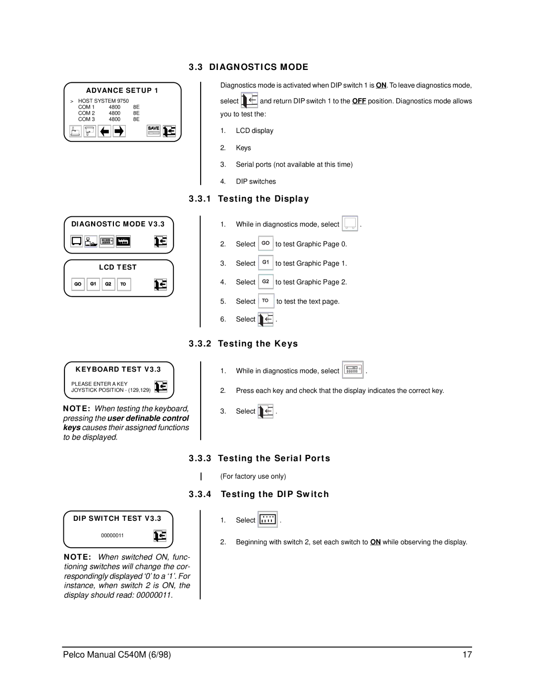 Pelco C540M (6/98), CM9760-KBR Diagnostics Mode, Testing the Display, Testing the Keys, Testing the Serial Ports 