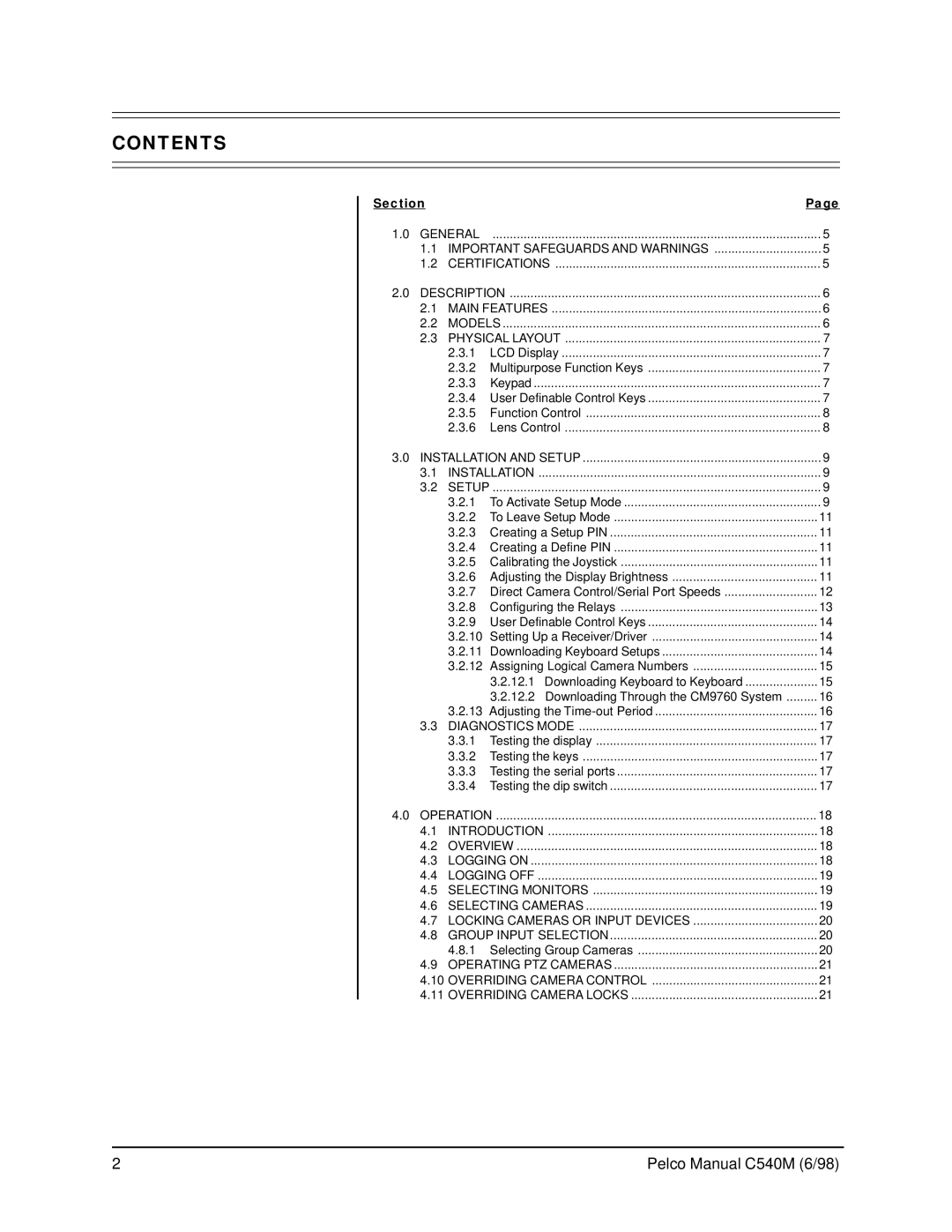 Pelco CM9760-KBR, C540M (6/98) operation manual Contents 