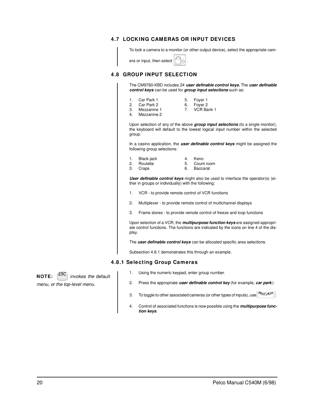Pelco CM9760-KBR, C540M (6/98) Locking Cameras or Input Devices, Group Input Selection, Selecting Group Cameras 