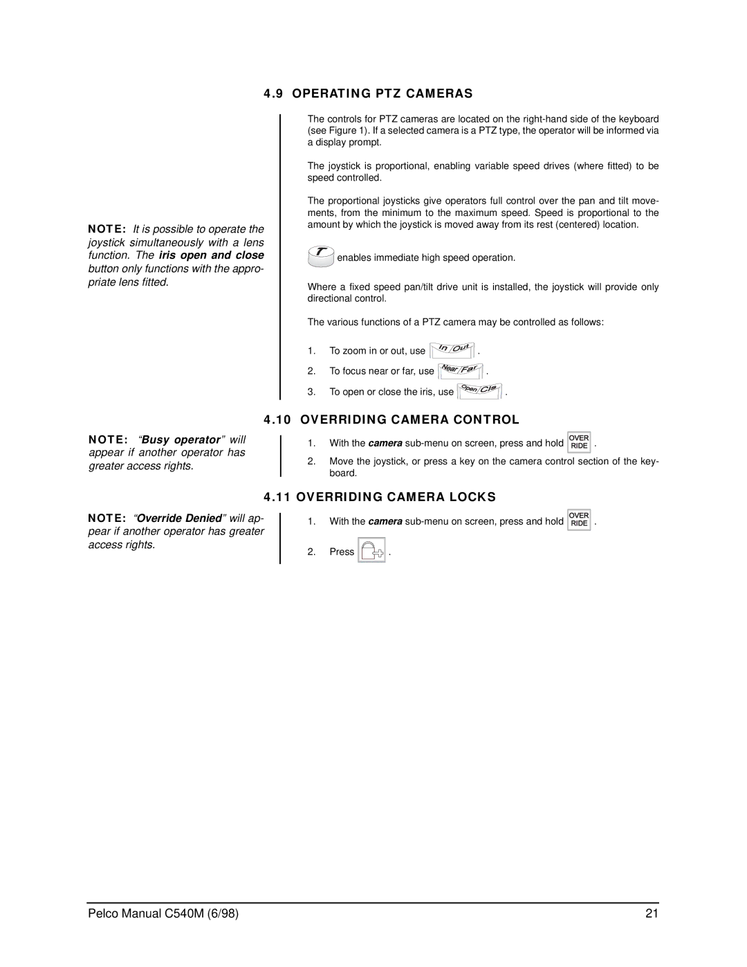 Pelco C540M (6/98), CM9760-KBR operation manual Operating PTZ Cameras, Overriding Camera Control, Overriding Camera Locks 
