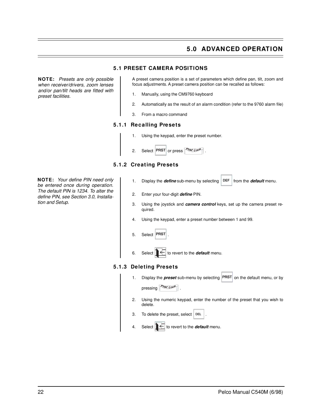 Pelco CM9760-KBR Advanced Operation, Preset Camera Positions, Recalling Presets, Creating Presets, Deleting Presets 