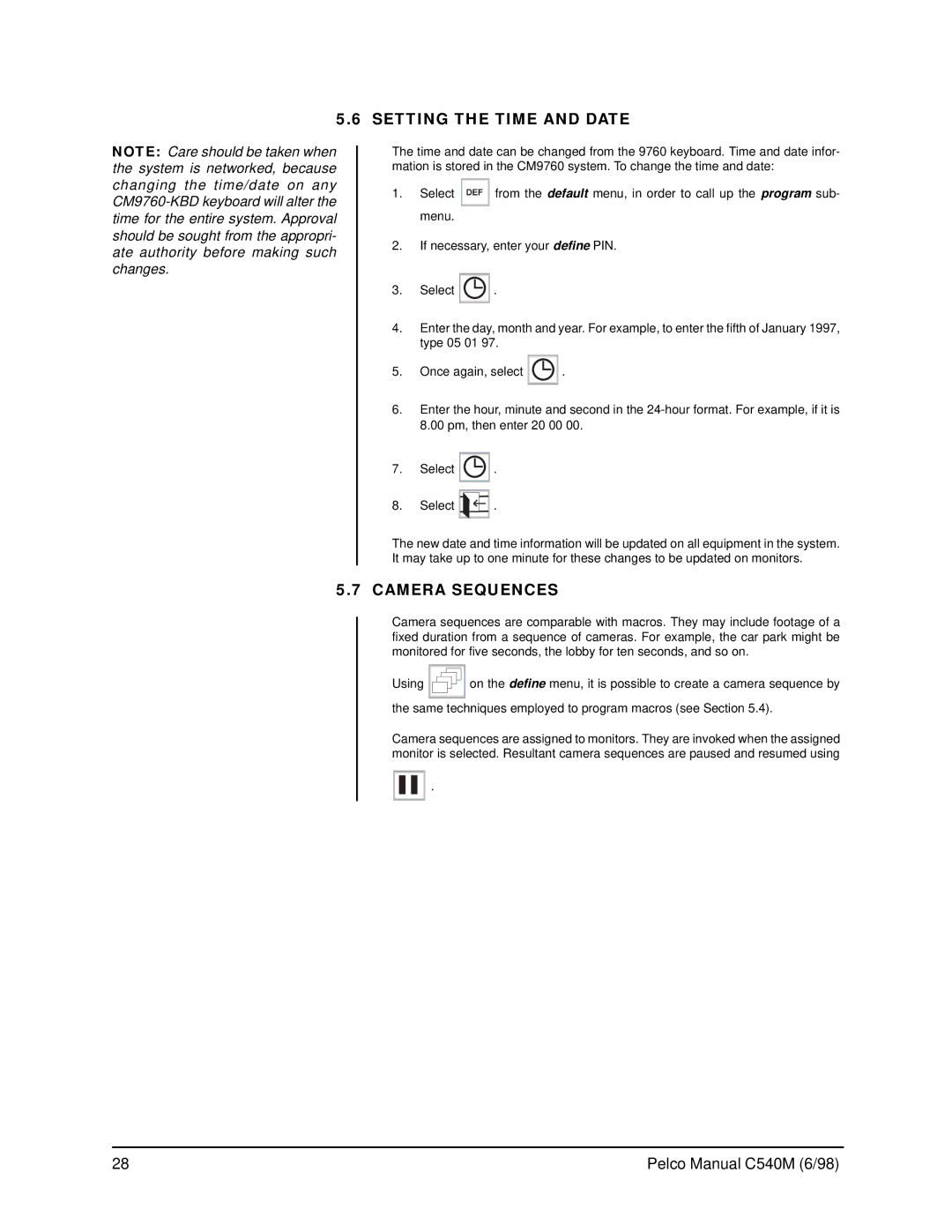 Pelco CM9760-KBR, C540M (6/98) operation manual Setting the Time and Date, Camera Sequences 