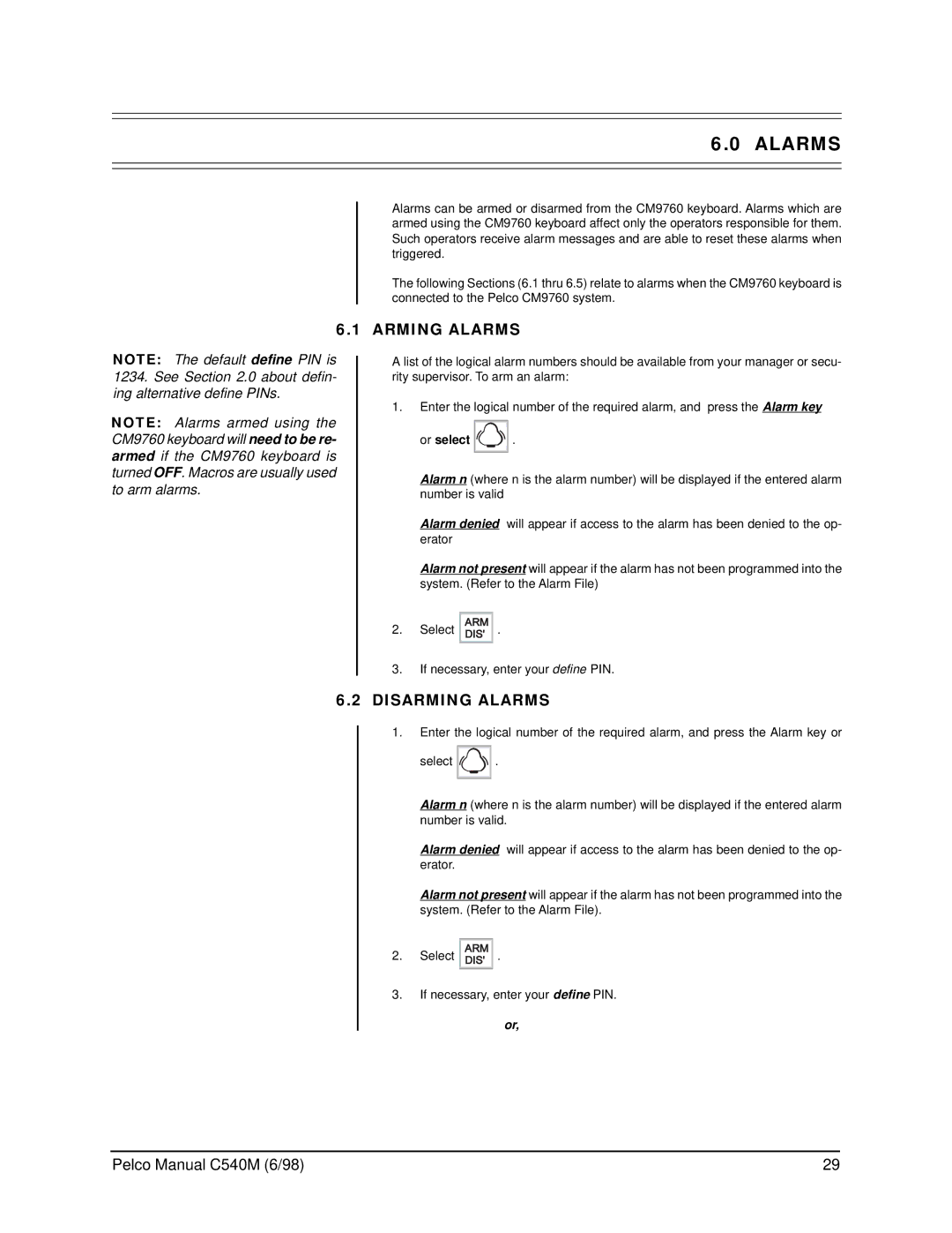 Pelco C540M (6/98), CM9760-KBR operation manual Arming Alarms, Disarming Alarms, Or select 