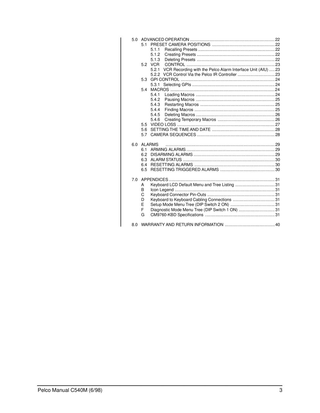 Pelco C540M (6/98), CM9760-KBR operation manual Advanced Operation Preset Camera Positions 