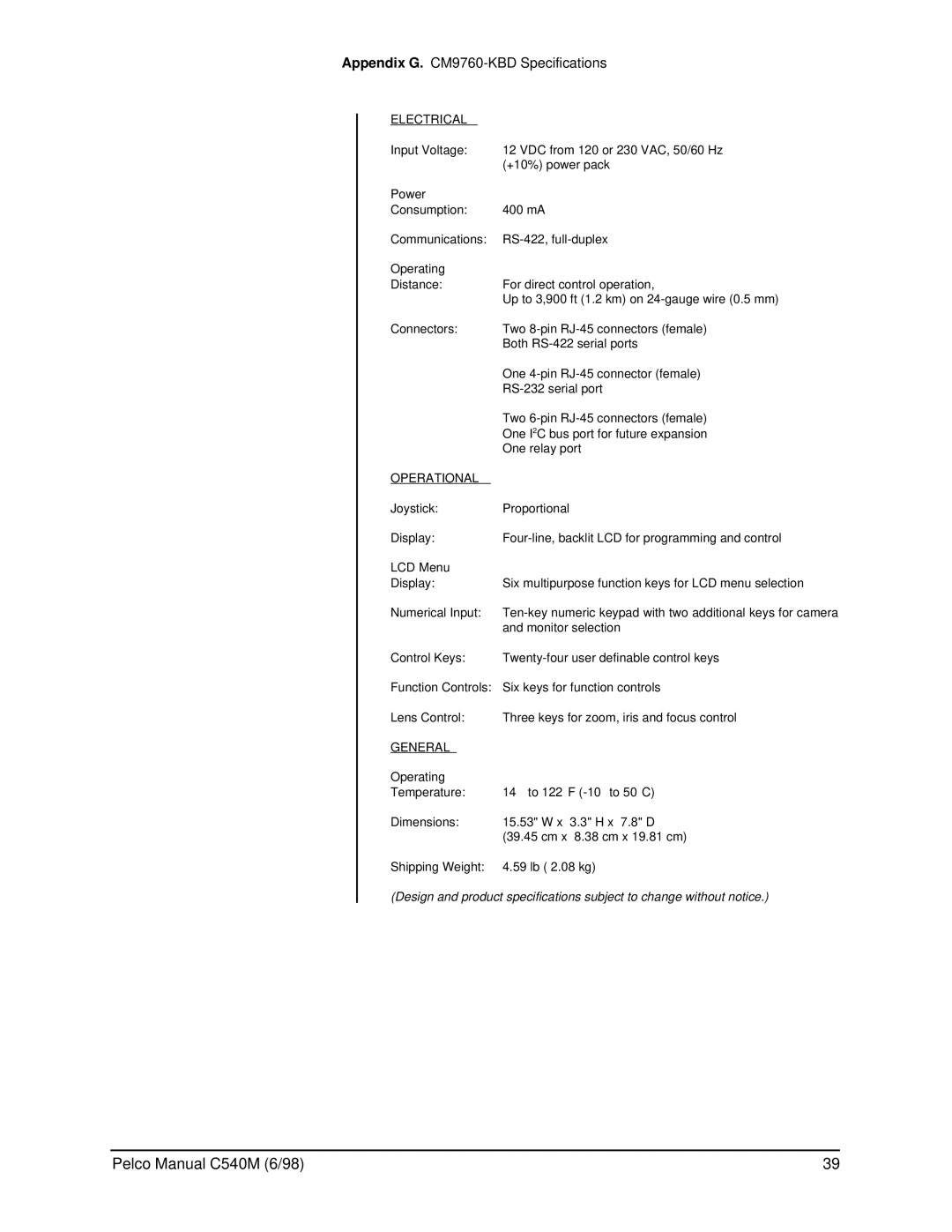 Pelco C540M (6/98), CM9760-KBR operation manual Appendix G. CM9760-KBD Specifications, Electrical, Operational, General 