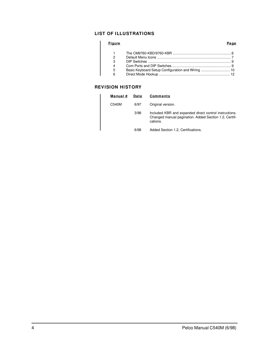 Pelco CM9760-KBR, C540M (6/98) operation manual List of Illustrations, Revision History, Manual # Date Comments 