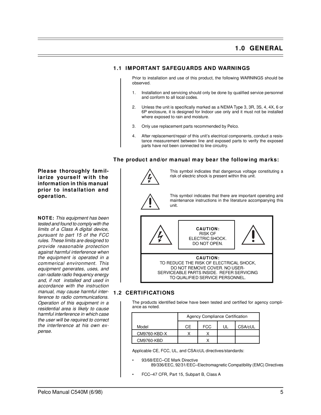 Pelco C540M (6/98), CM9760-KBR operation manual General, Important Safeguards and Warnings, Certifications, Fcc 