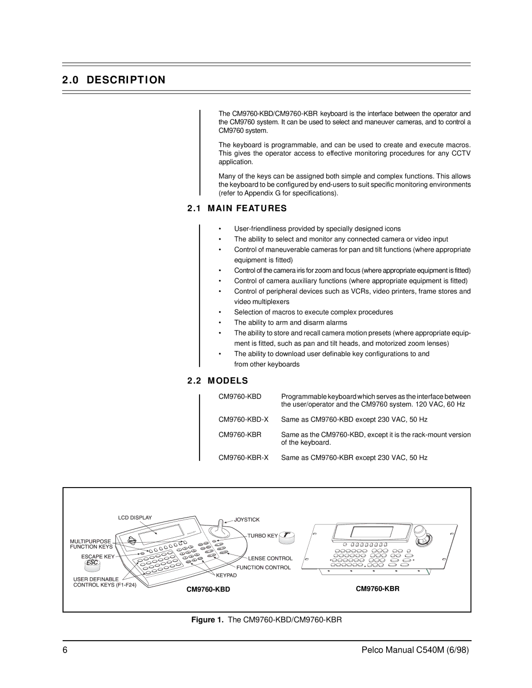 Pelco Description, Main Features, Models, CM9760-KBR-X Same as CM9760-KBR except 230 VAC, 50 Hz, CM9760-KBD CM9760-KBR 