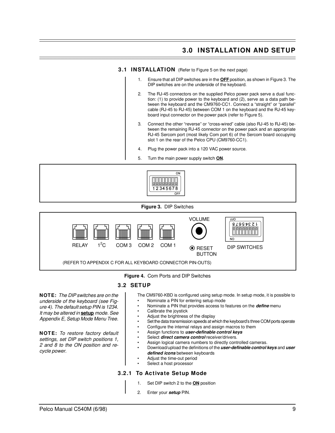 Pelco C540M (6/98) Installation and Setup, To Activate Setup Mode, Assign functions to user-definable control keys 