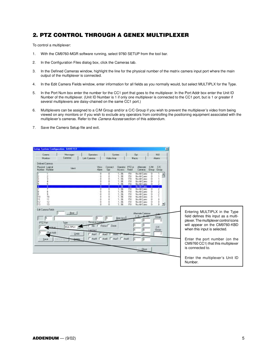 Pelco CM9760-MGR user manual PTZ Control Through a Genex Multiplexer 