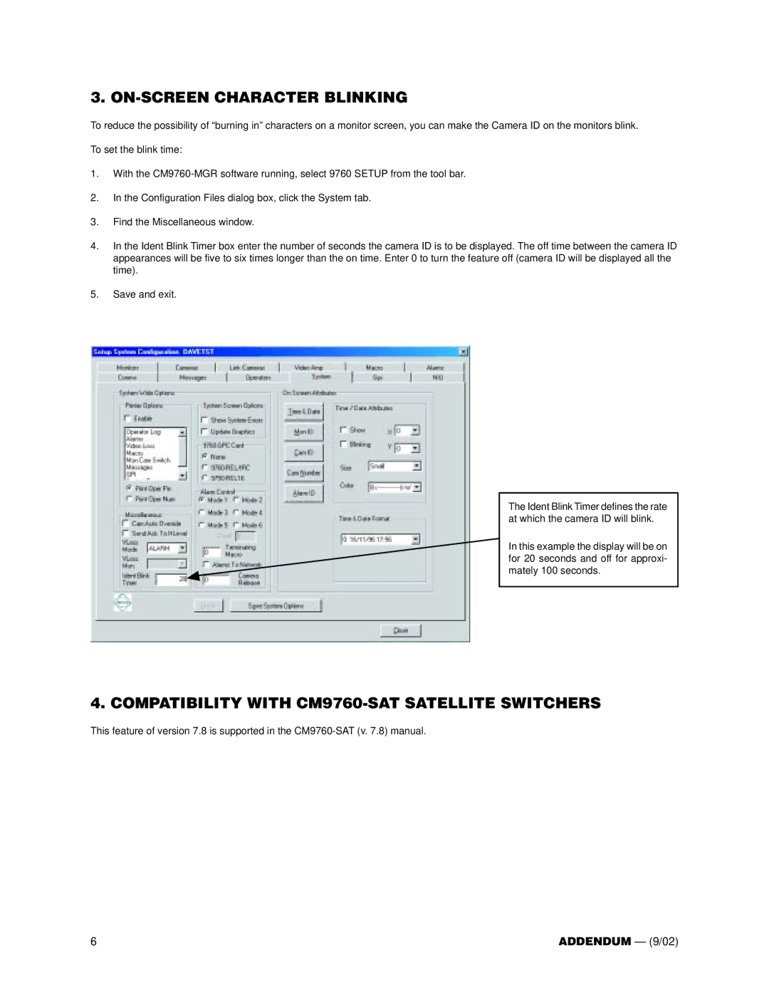 Pelco CM9760-MGR user manual ON-SCREEN Character Blinking, Compatibility with CM9760-SAT Satellite Switchers 