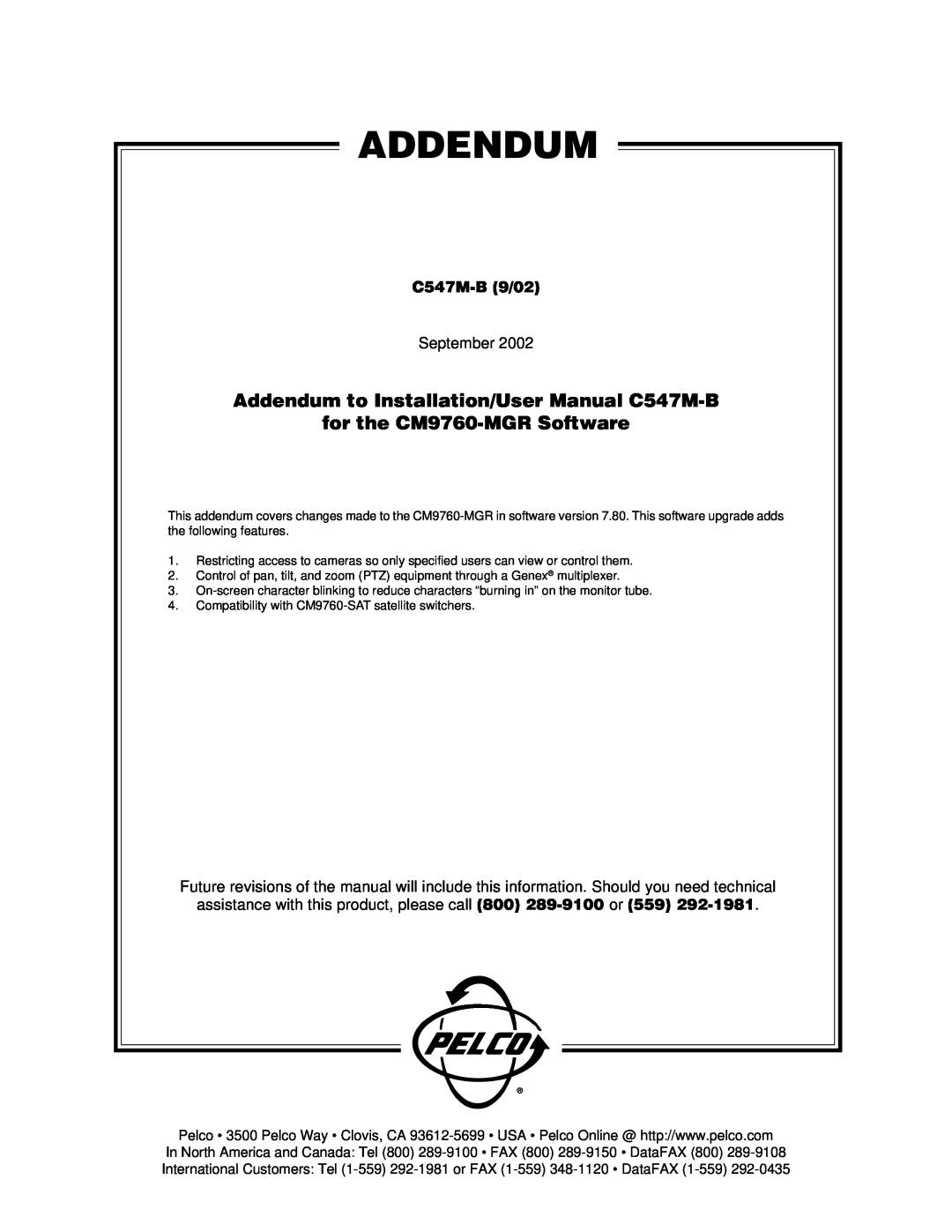 Pelco user manual for the CM9760-MGRSoftware, C547M-B9/02, Addendum 