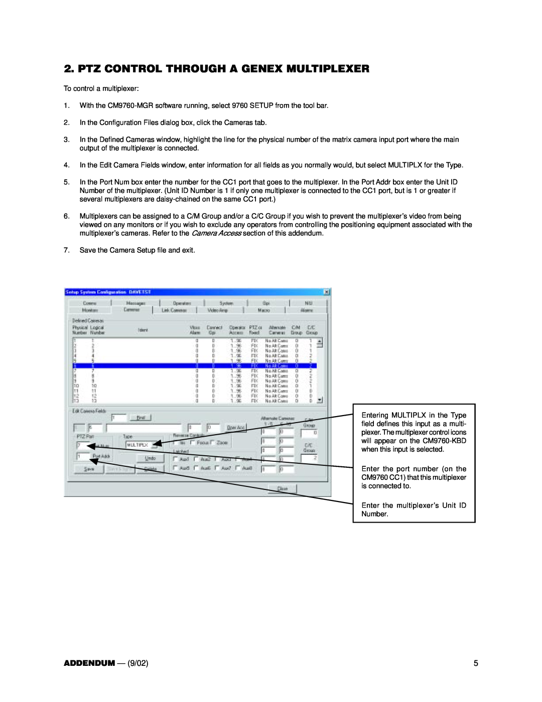 Pelco CM9760-MGR user manual Ptz Control Through A Genex Multiplexer, ADDENDUM - 9/02 