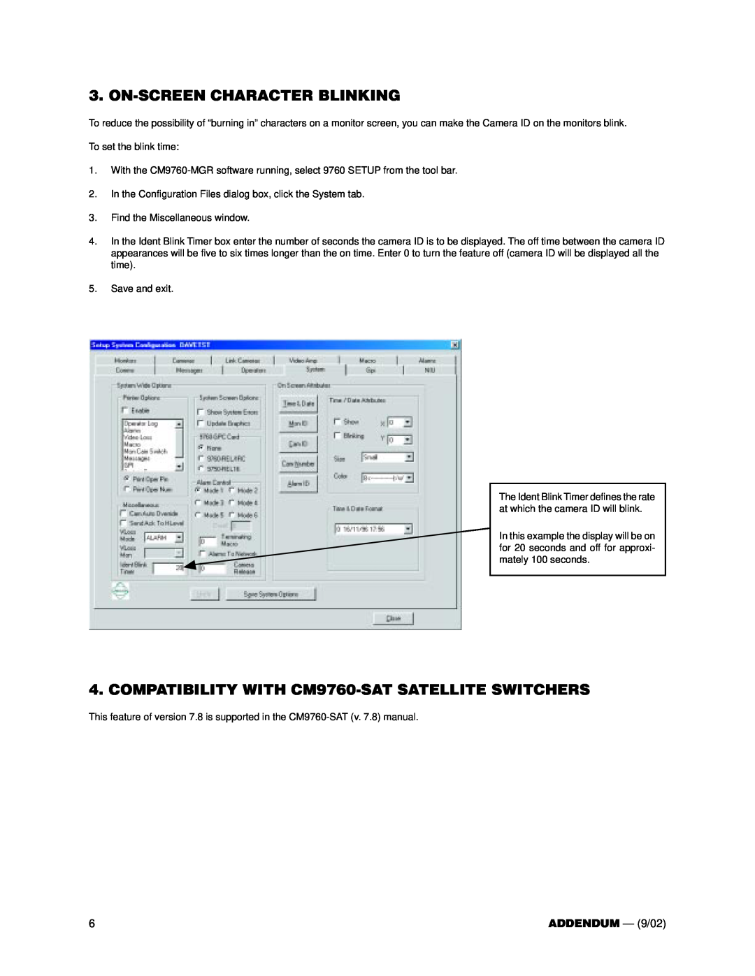 Pelco CM9760-MGR user manual On-Screencharacter Blinking, ADDENDUM - 9/02 