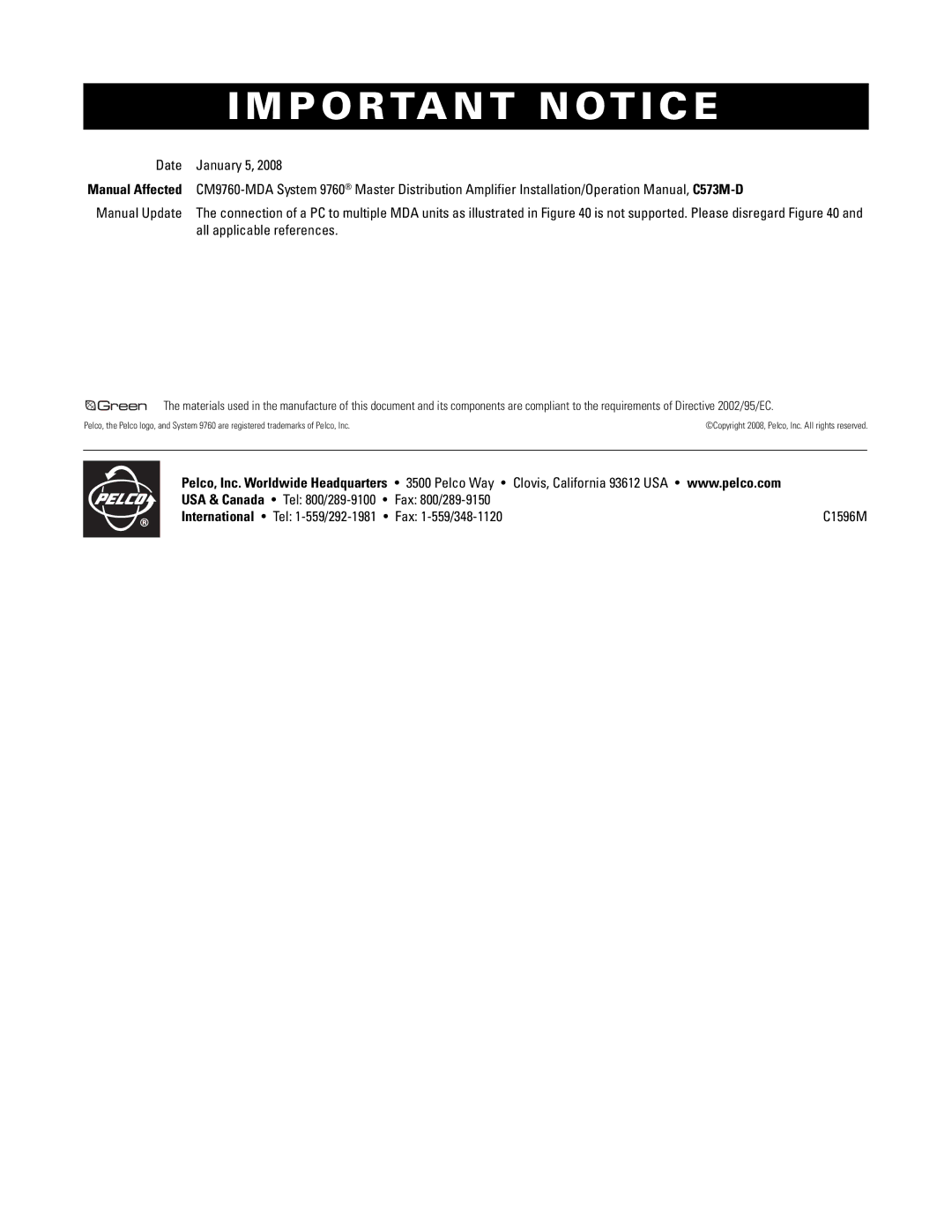 Pelco cs73m-d operation manual Important Notice 