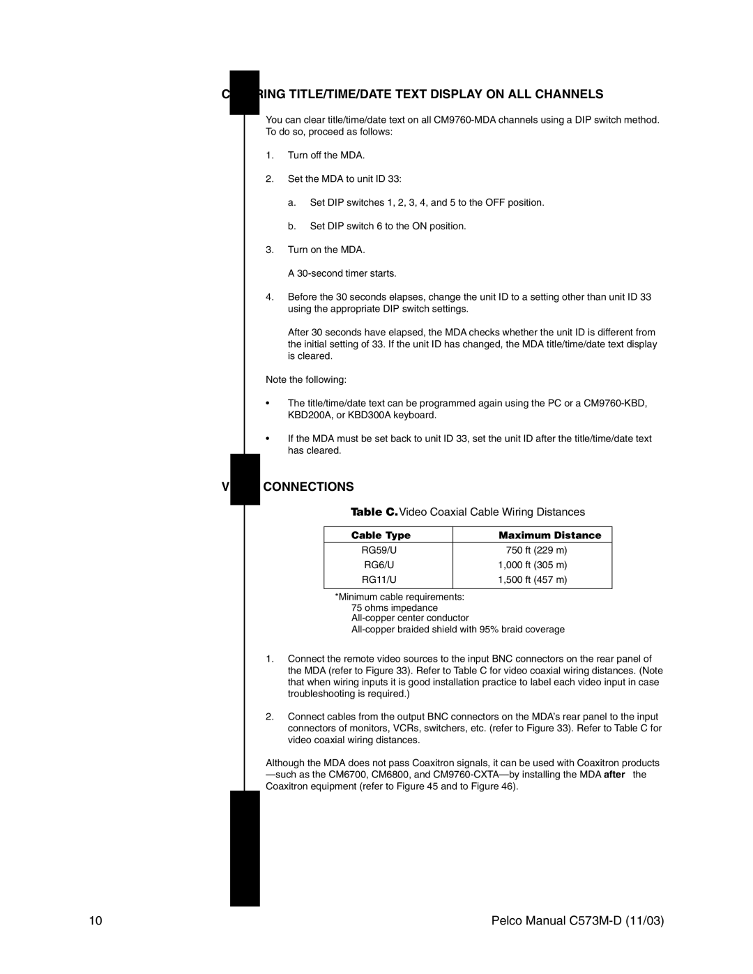 Pelco cs73m-d Clearing TITLE/TIME/DATE Text Display on ALL Channels, Video Connections, Cable Type Maximum Distance 