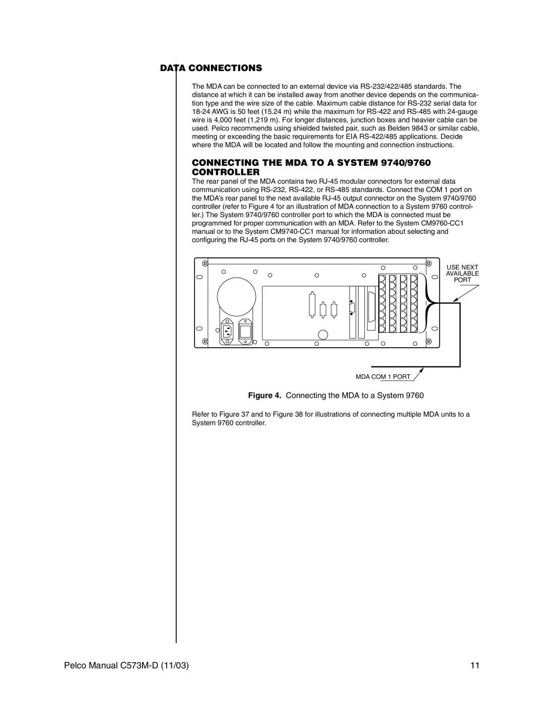 Pelco cs73m-d operation manual Data Connections, Connecting the MDA to a System 9740/9760 Controller 