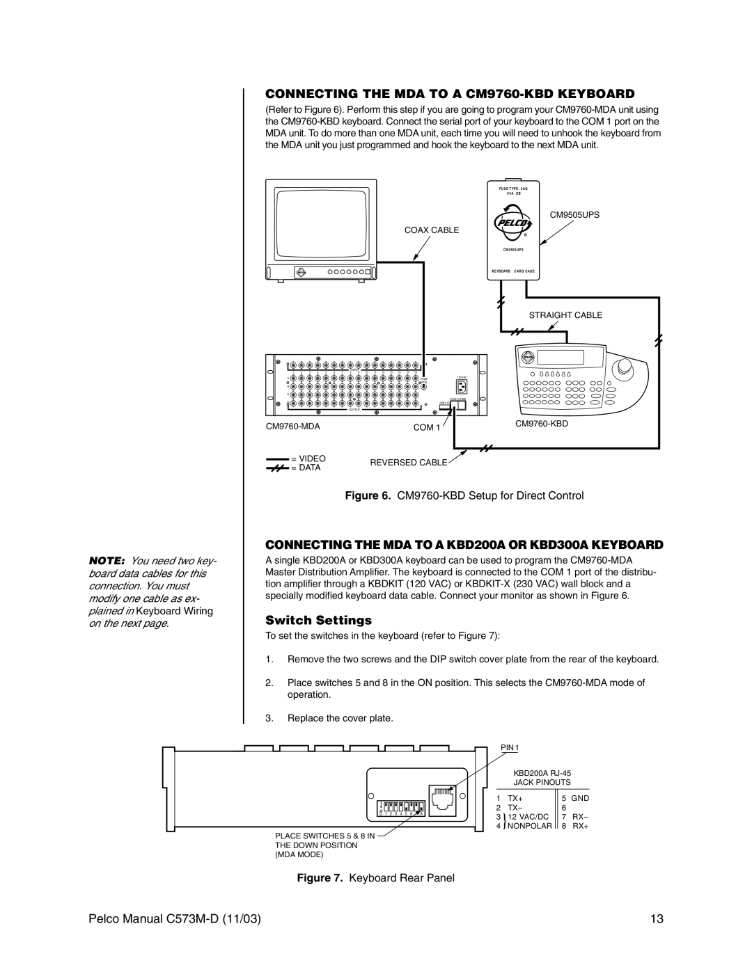 Pelco cs73m-d Connecting the MDA to a CM9760-KBD Keyboard, Connecting the MDA to a KBD200A or KBD300A Keyboard 