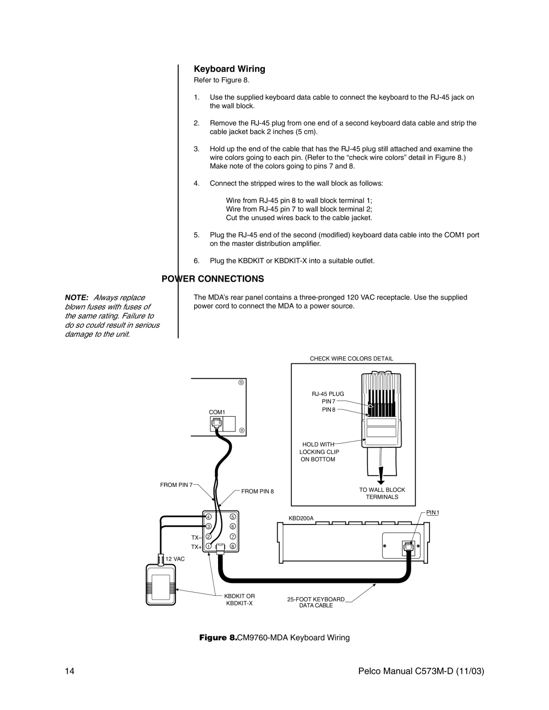 Pelco cs73m-d operation manual Keyboard Wiring, Power Connections 