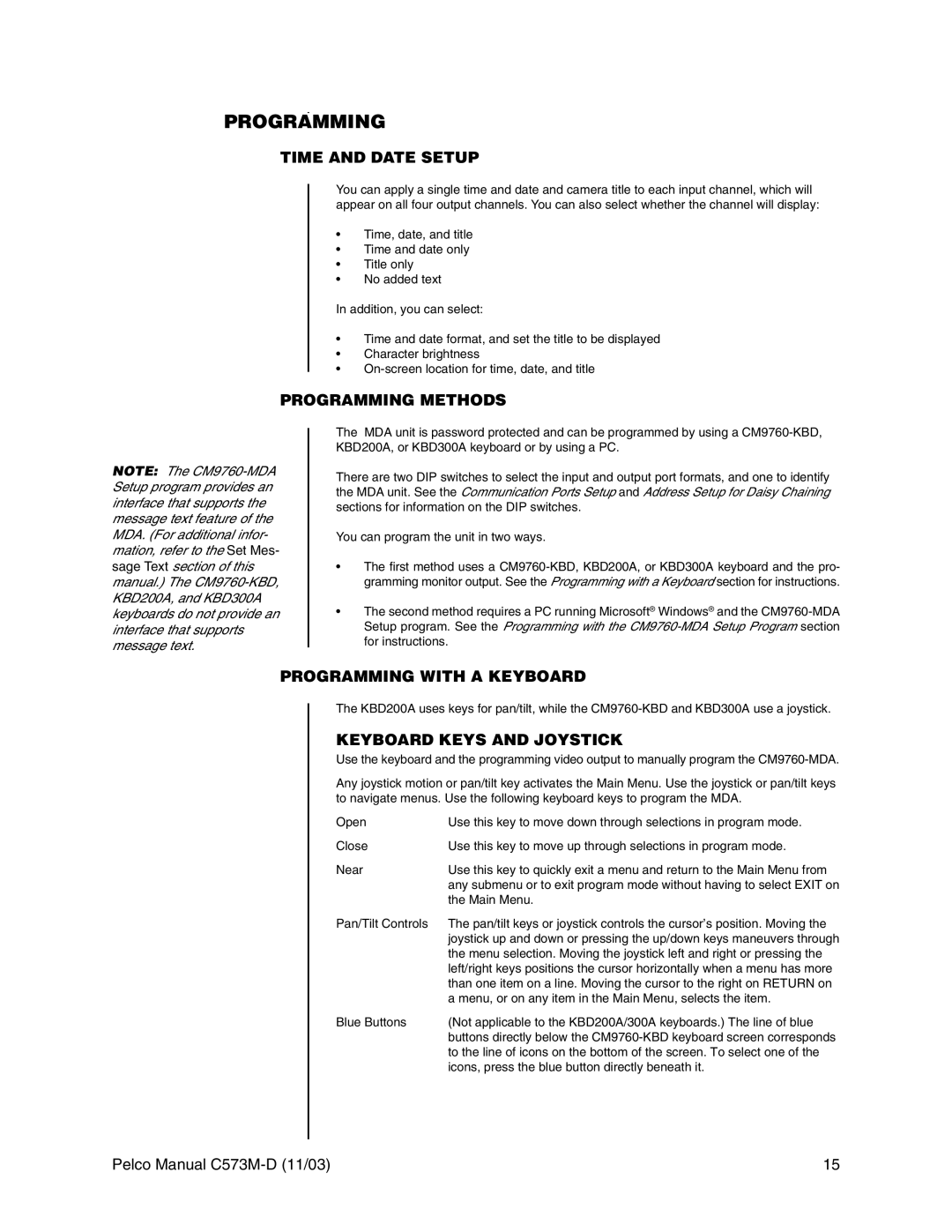 Pelco cs73m-d Time and Date Setup, Programming Methods, Programming with a Keyboard, Keyboard Keys and Joystick 