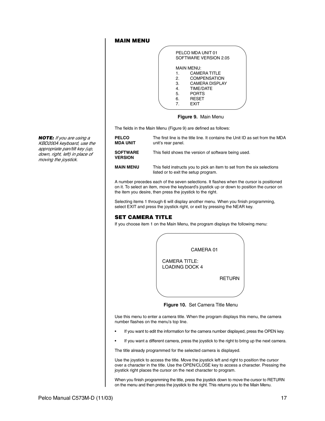 Pelco cs73m-d operation manual Main Menu, SET Camera Title 