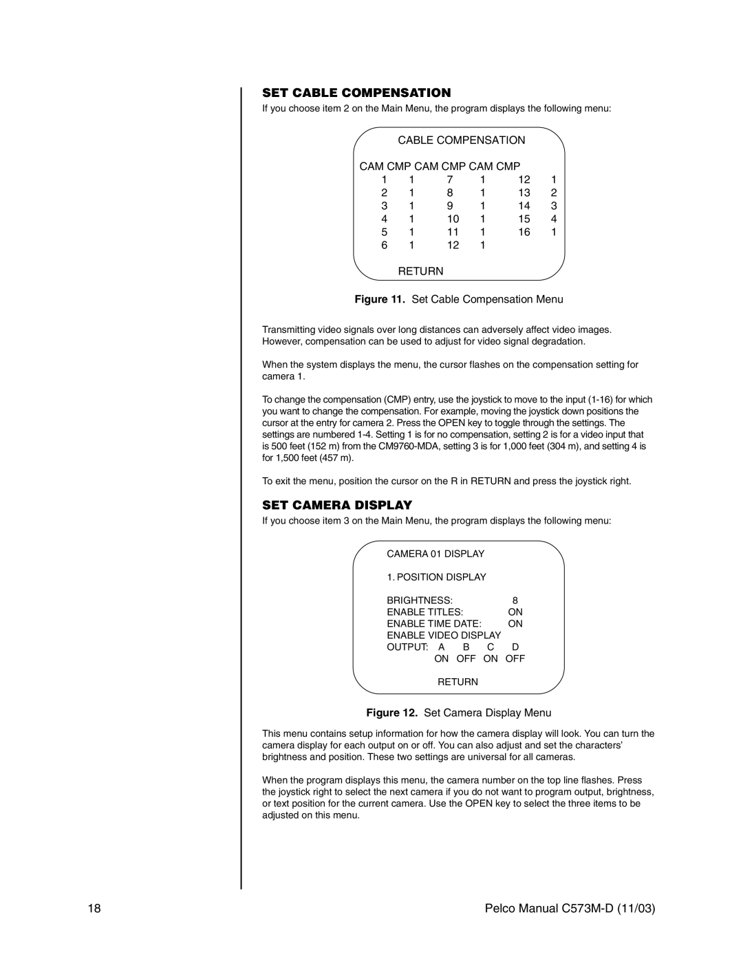 Pelco cs73m-d operation manual SET Cable Compensation, SET Camera Display 