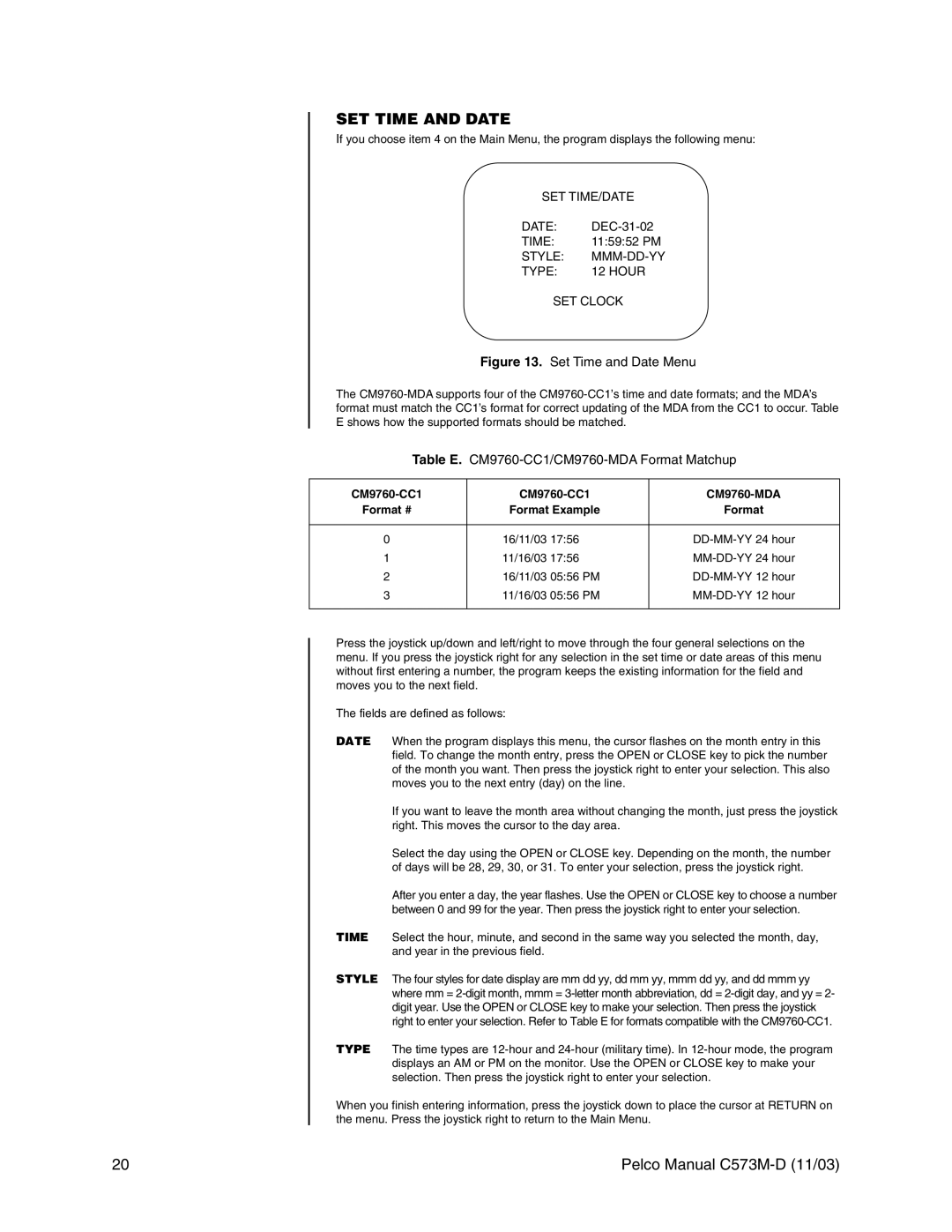 Pelco cs73m-d operation manual SET Time and Date, DEC-31-02, 115952 PM, Table E. CM9760-CC1/CM9760-MDA Format Matchup 