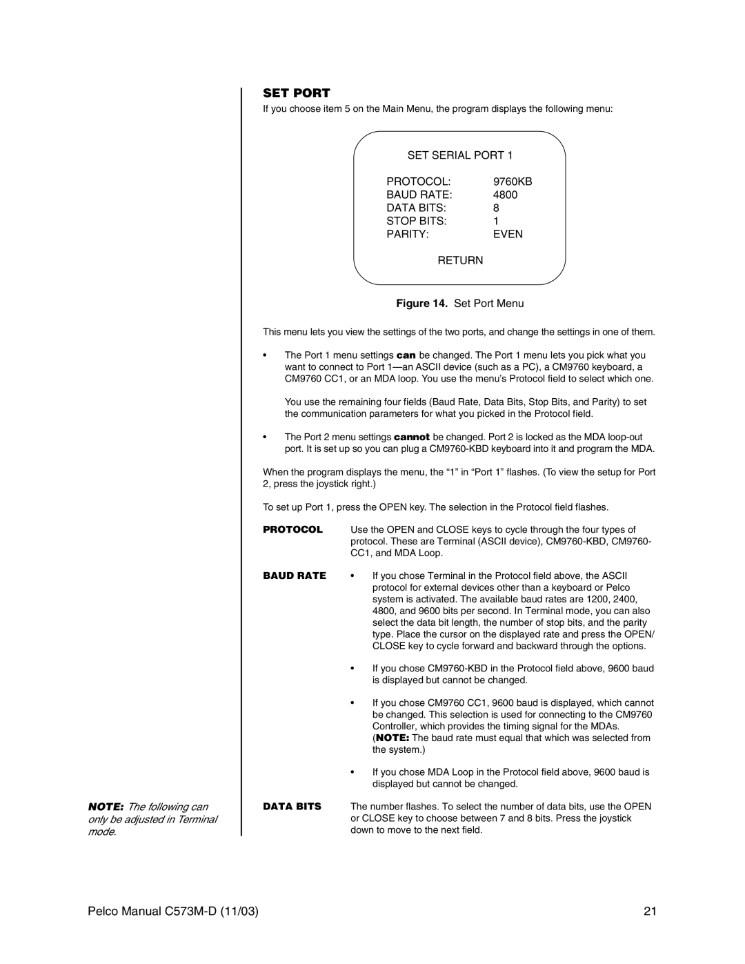 Pelco cs73m-d operation manual SET Port, Protocol, Baud Rate, Data Bits 