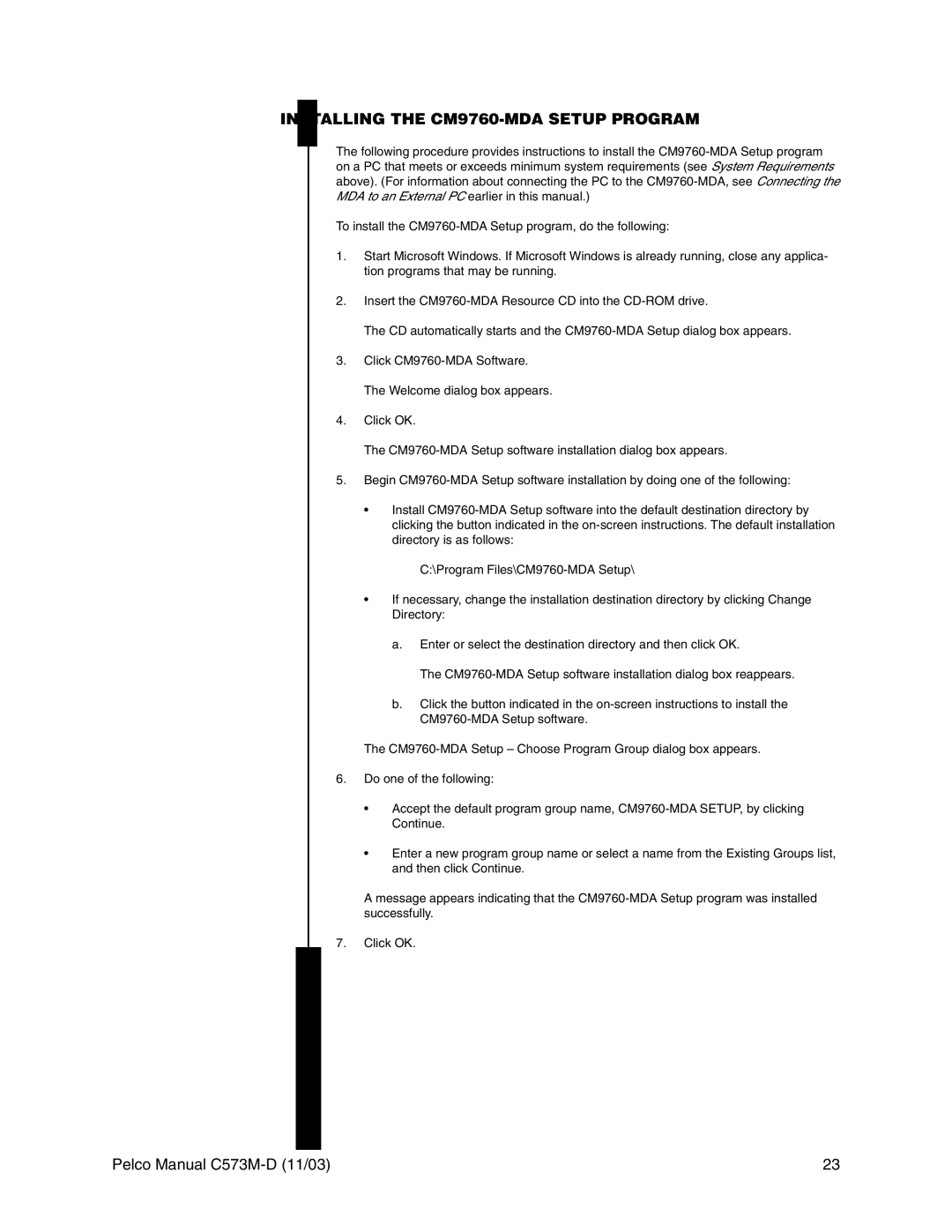 Pelco cs73m-d operation manual Installing the CM9760-MDA Setup Program 