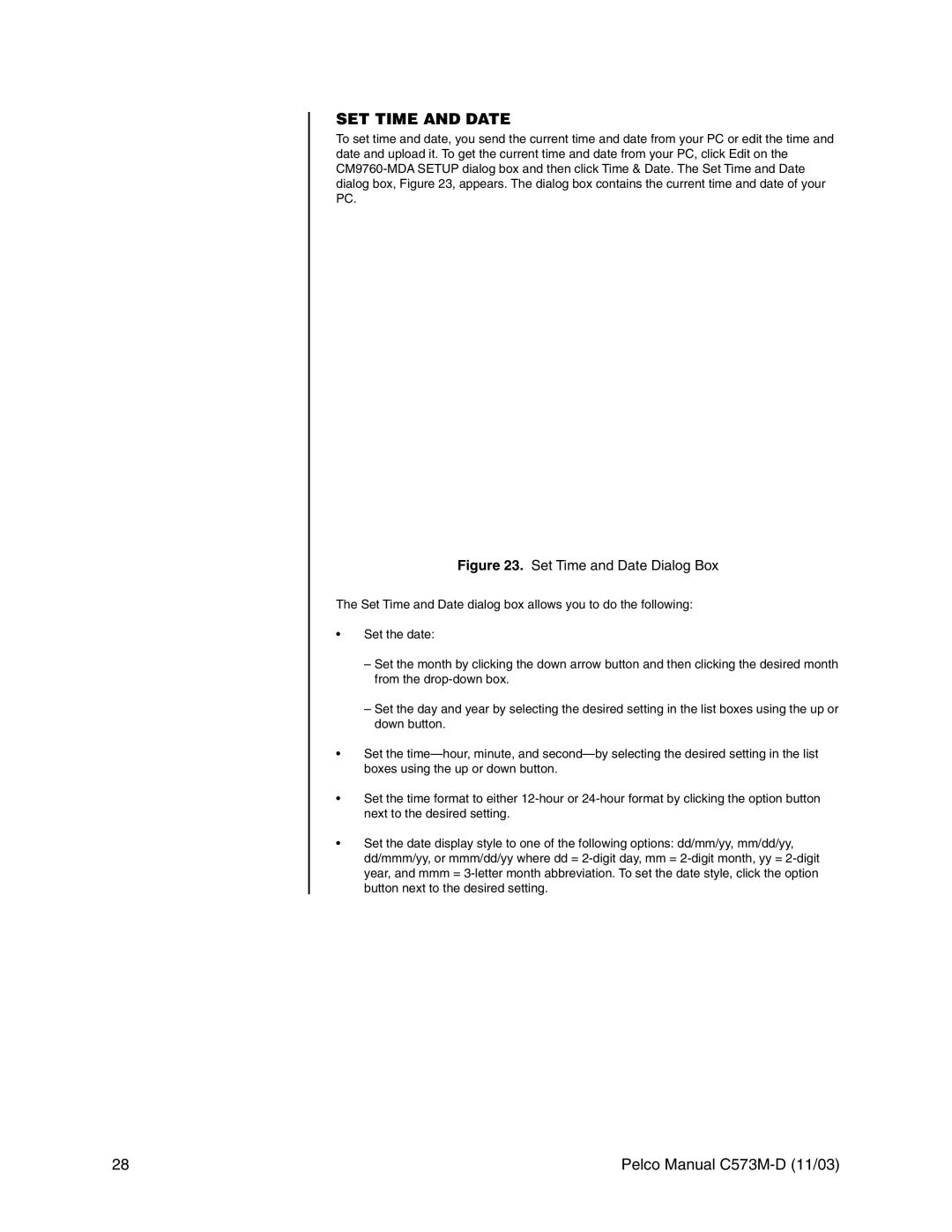 Pelco cs73m-d operation manual Set Time and Date Dialog Box 