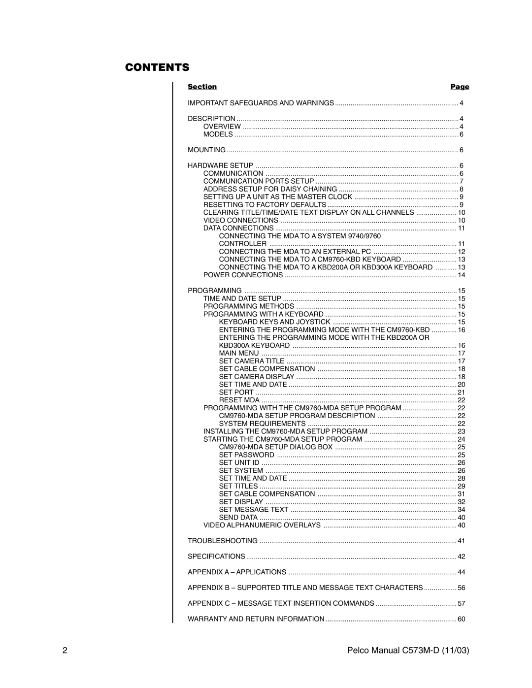 Pelco cs73m-d operation manual Contents 