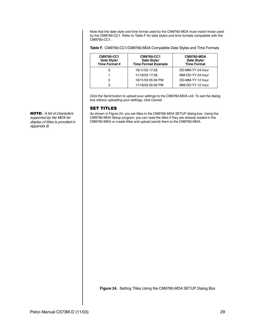 Pelco cs73m-d operation manual SET Titles, CM9760-CC1 CM9760-MDA 