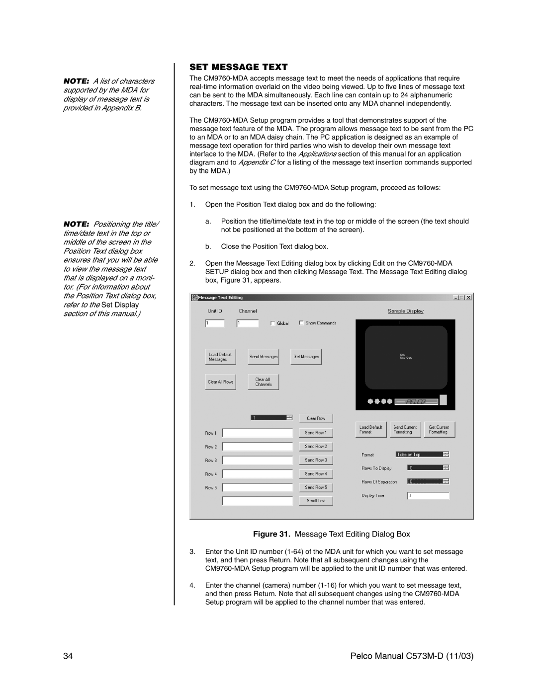 Pelco cs73m-d operation manual SET Message Text, Message Text Editing Dialog Box 